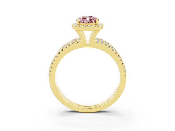 Yellow gold Pear Cut Morganite Halo Engagement Ring with Split Shank and Four-Prong Setting