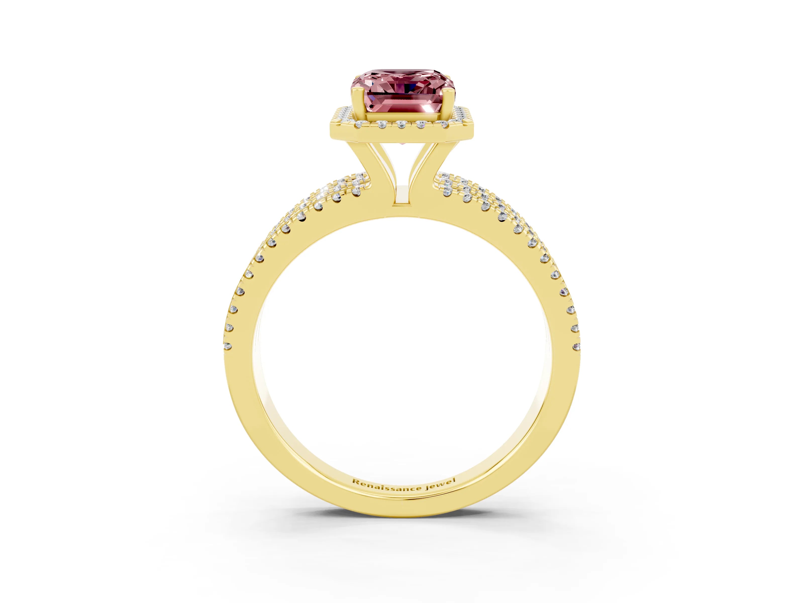 Yellow gold {shape_name} Morganite Halo Engagement Ring with Split Shank and Four-Prong Setting_3