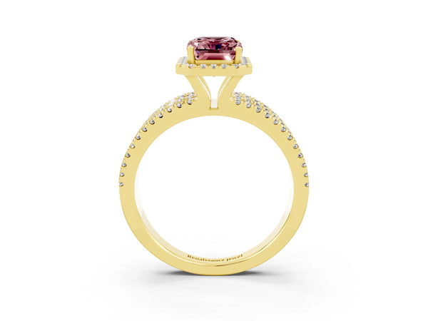 Yellow gold Emerald Cut Morganite Halo Engagement Ring with Split Shank and Four-Prong Setting