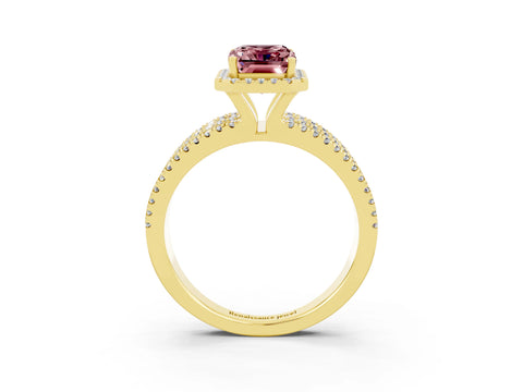 Yellow gold {shape_name} Morganite Halo Engagement Ring with Split Shank and Four-Prong Setting_3
