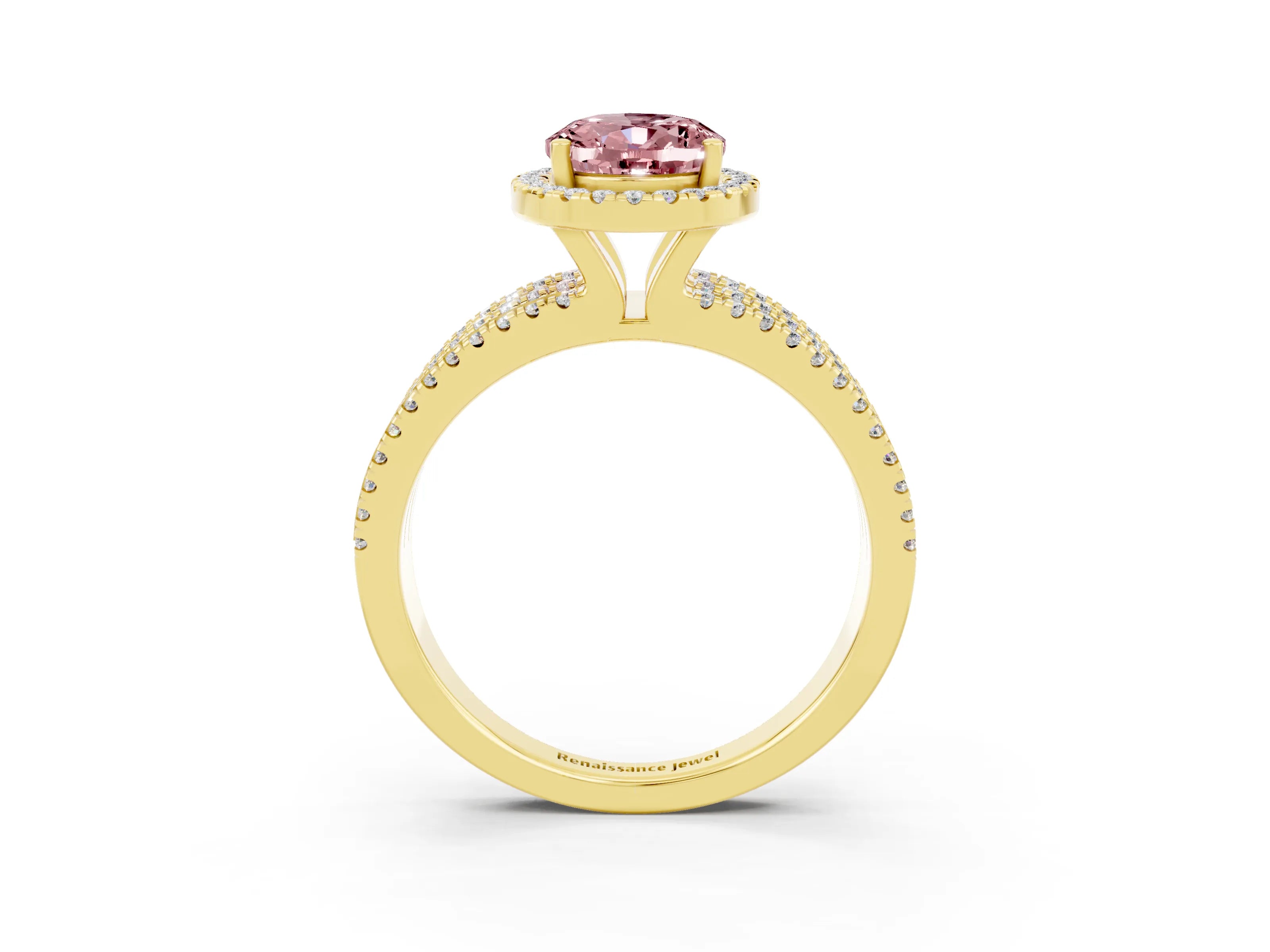 Yellow gold {shape_name} Morganite Halo Engagement Ring with Split Shank and Four-Prong Setting_3
