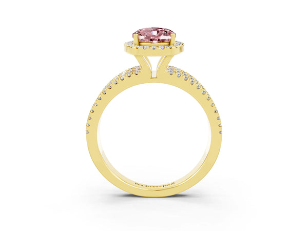 Yellow gold Oval Cut Morganite Halo Engagement Ring with Split Shank and Four-Prong Setting