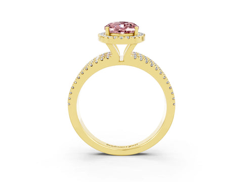 Yellow gold {shape_name} Morganite Halo Engagement Ring with Split Shank and Four-Prong Setting_3
