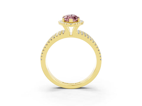 Yellow gold {shape_name} Morganite Halo Engagement Ring with Split Shank and Four-Prong Setting_3