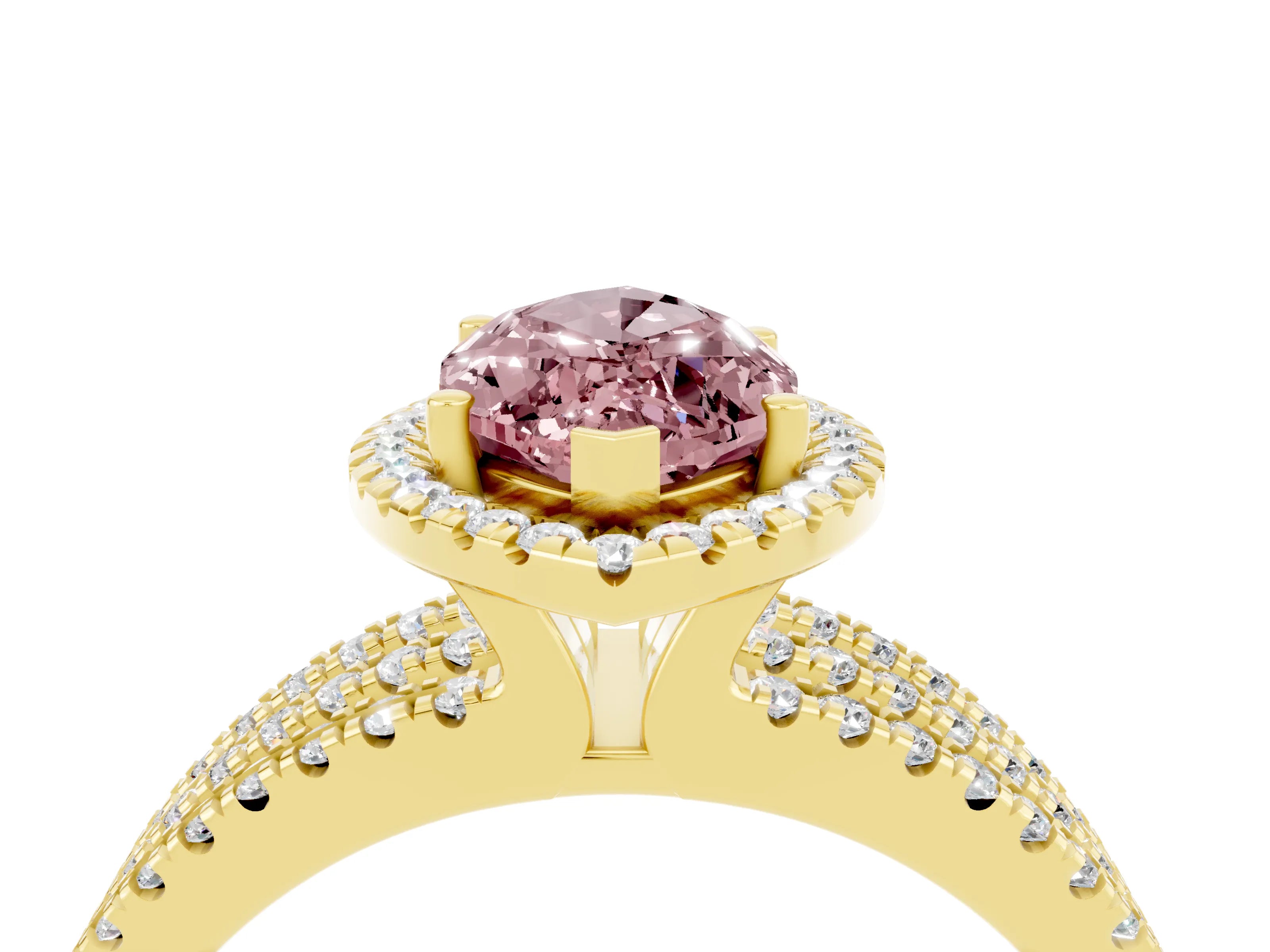 Yellow gold {shape_name} Morganite Halo Engagement Ring with Split Shank and Four-Prong Setting_4