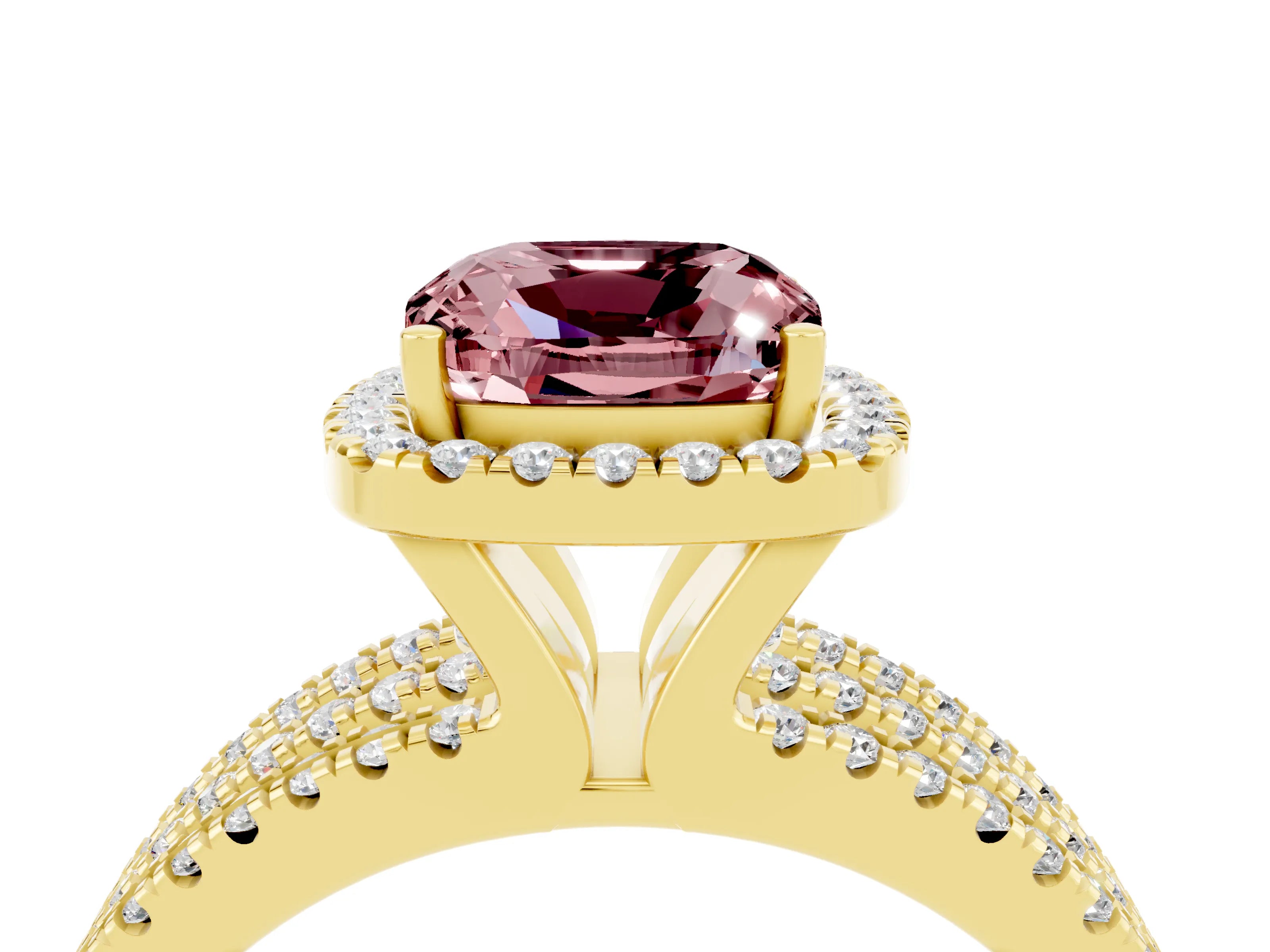 Yellow gold {shape_name} Morganite Halo Engagement Ring with Split Shank and Four-Prong Setting_4