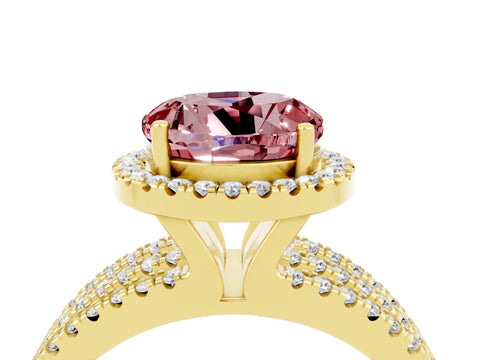 Yellow gold {shape_name} Morganite Halo Engagement Ring with Split Shank and Four-Prong Setting_4