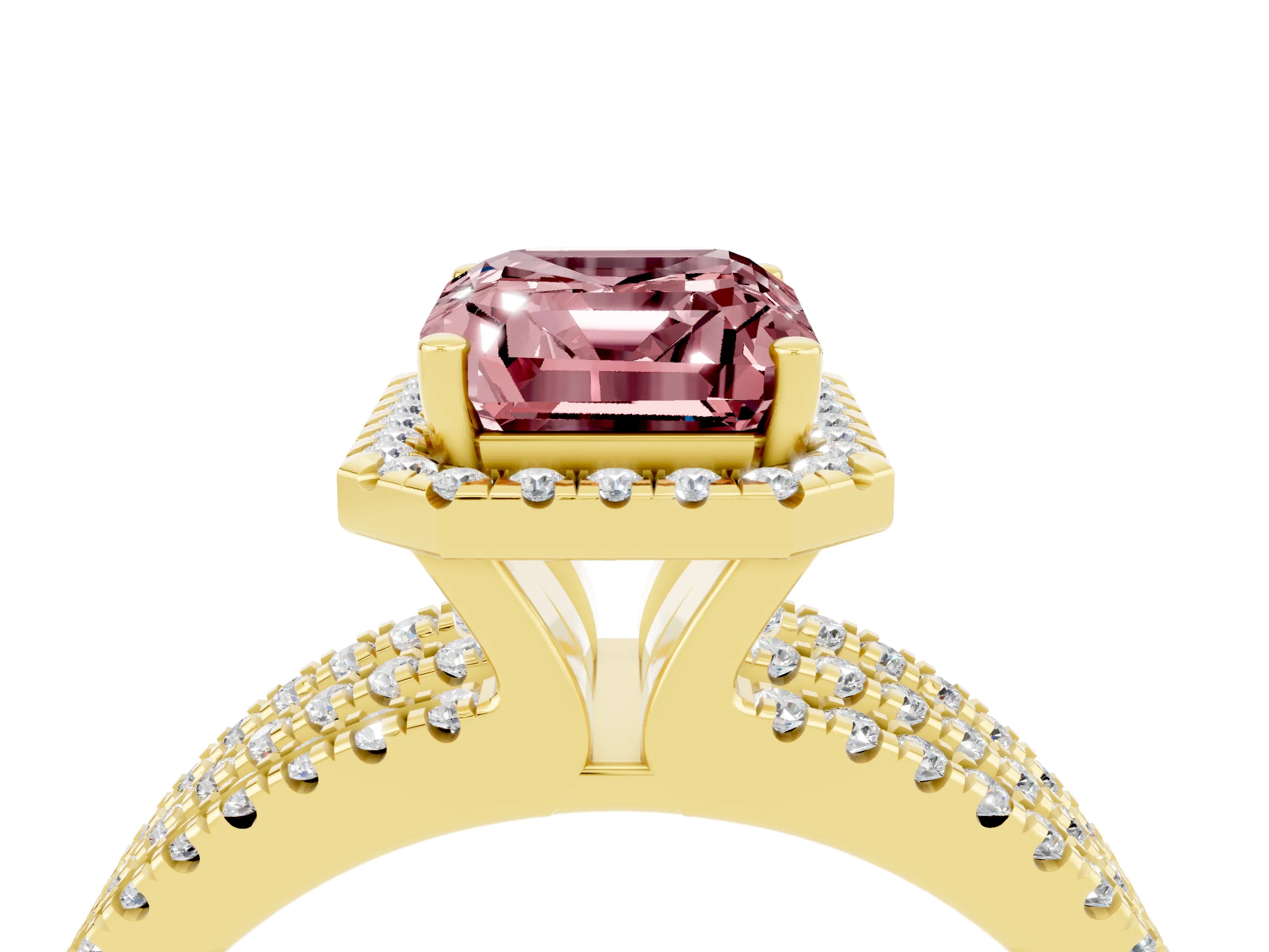 Yellow gold {shape_name} Morganite Halo Engagement Ring with Split Shank and Four-Prong Setting_4