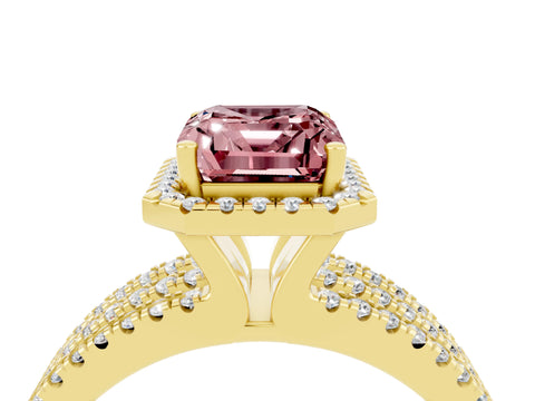 Yellow gold {shape_name} Morganite Halo Engagement Ring with Split Shank and Four-Prong Setting_4
