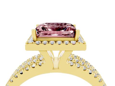 Yellow gold {shape_name} Morganite Halo Engagement Ring with Split Shank and Four-Prong Setting_4