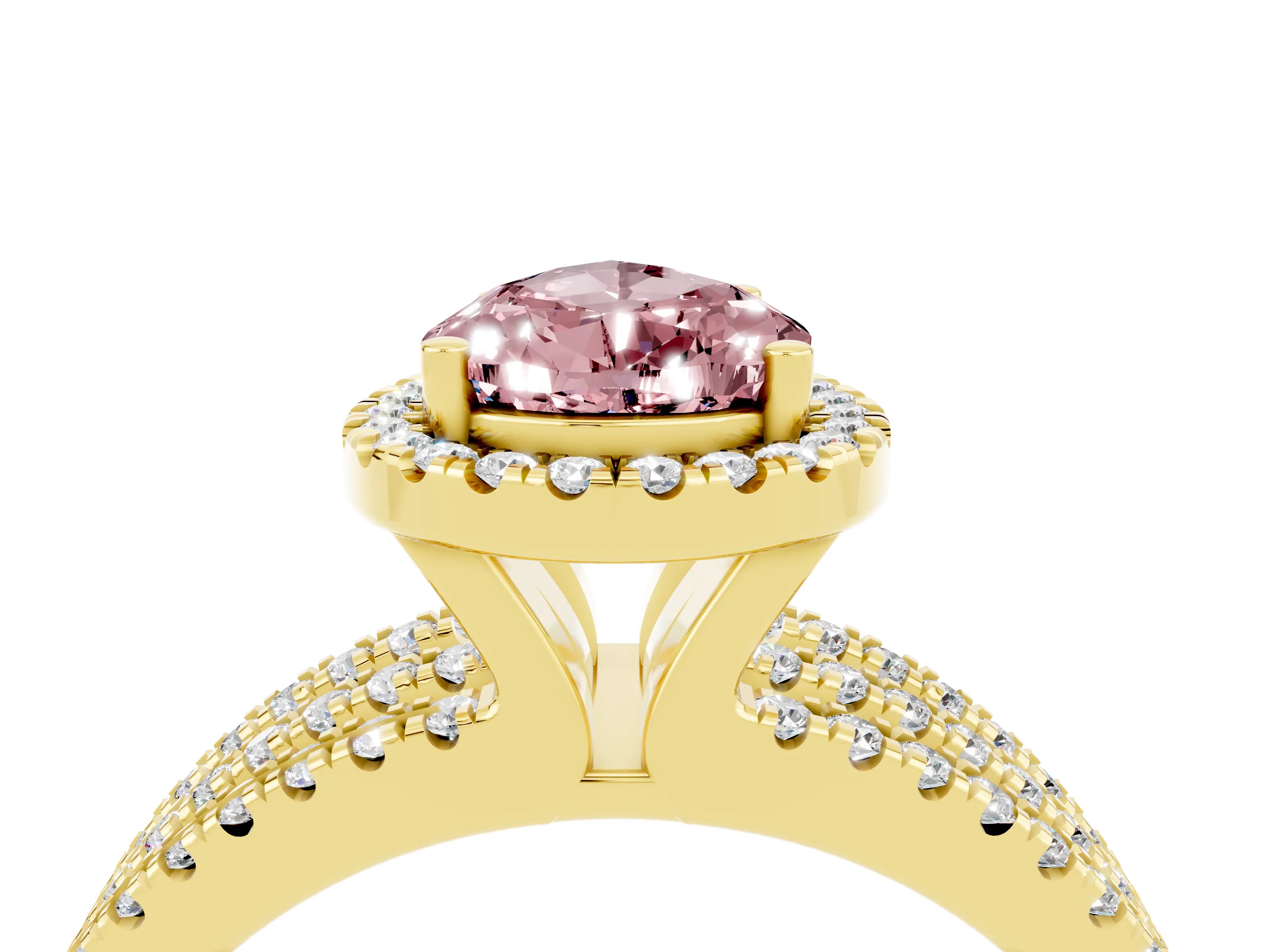 Yellow gold {shape_name} Morganite Halo Engagement Ring with Split Shank and Four-Prong Setting_4