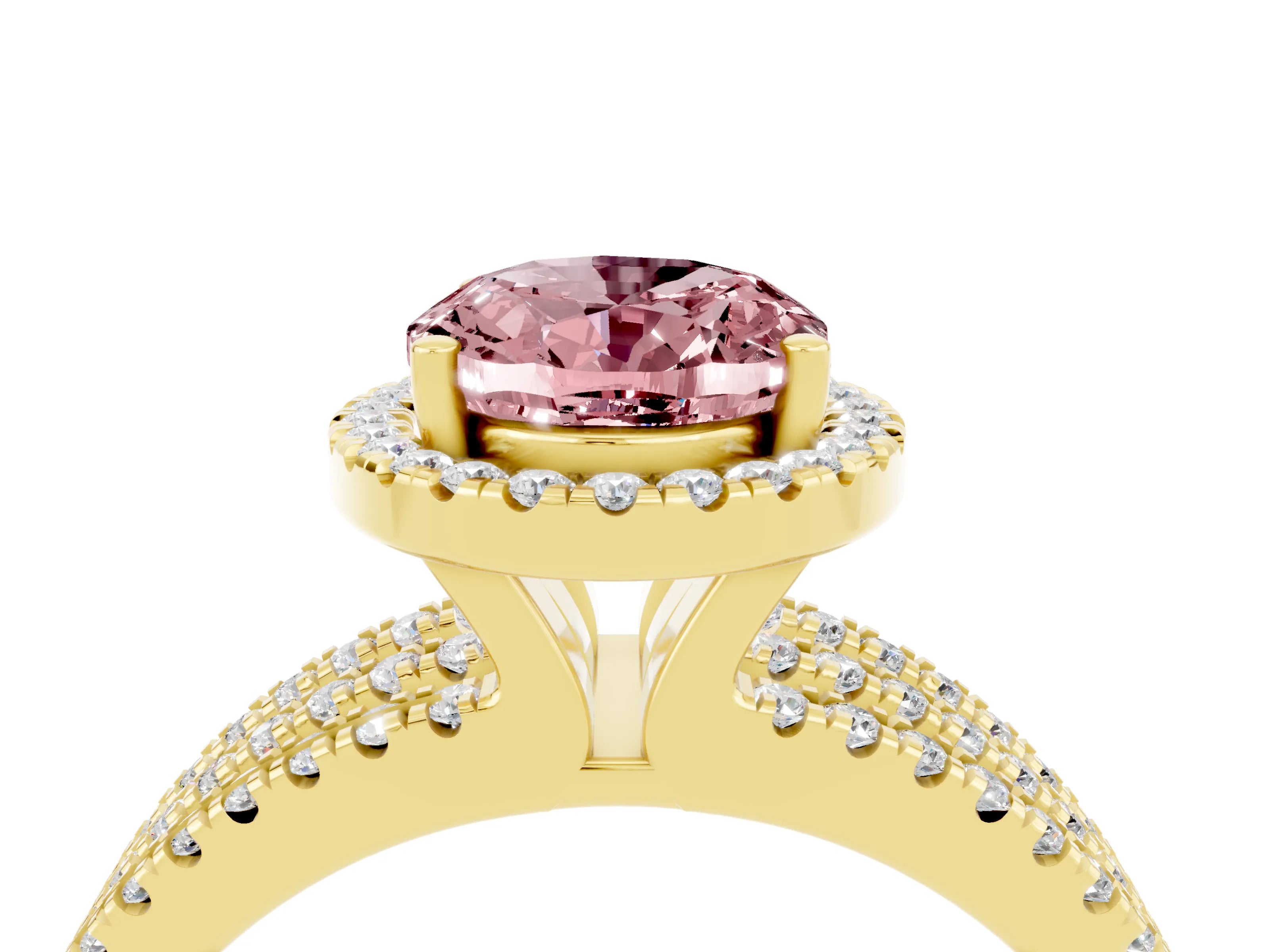 Yellow gold {shape_name} Morganite Halo Engagement Ring with Split Shank and Four-Prong Setting_4