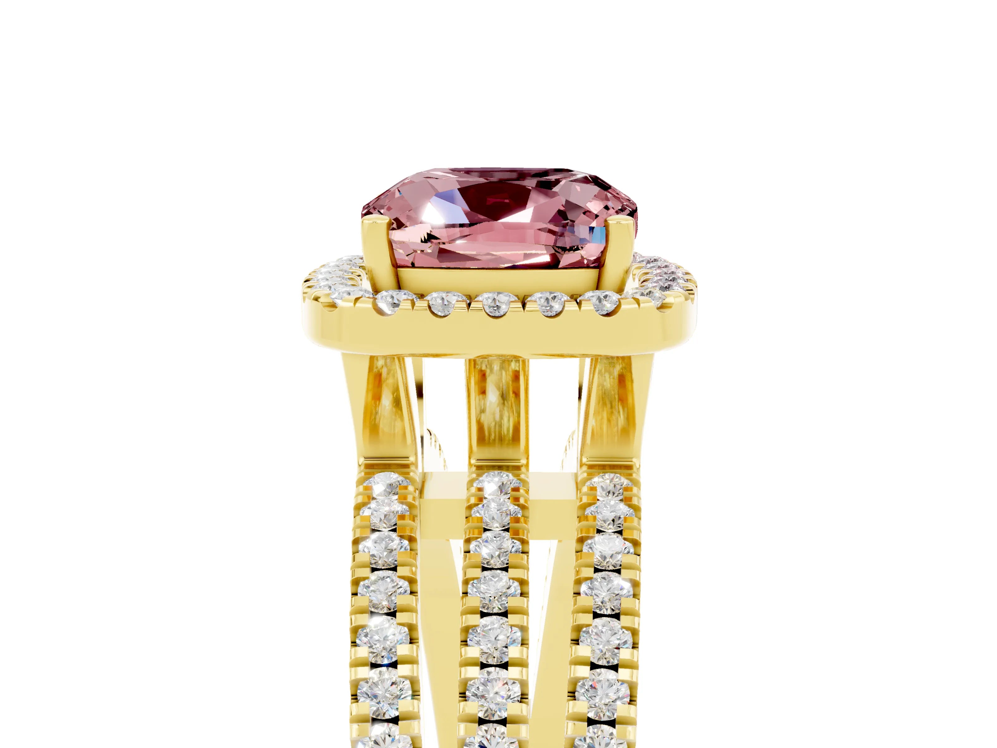 Yellow gold {shape_name} Morganite Halo Engagement Ring with Split Shank and Four-Prong Setting_5