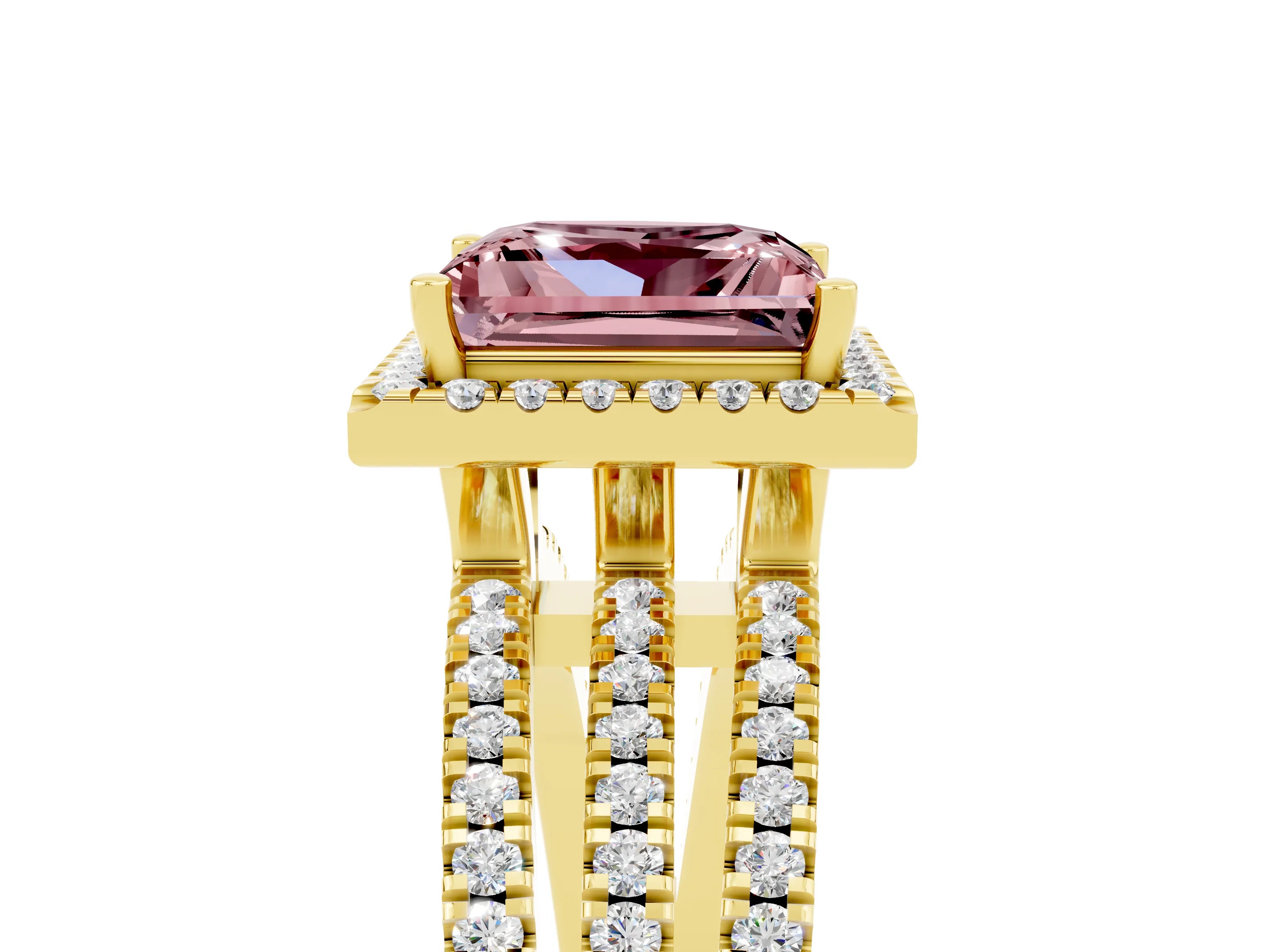 Yellow gold {shape_name} Morganite Halo Engagement Ring with Split Shank and Four-Prong Setting_5
