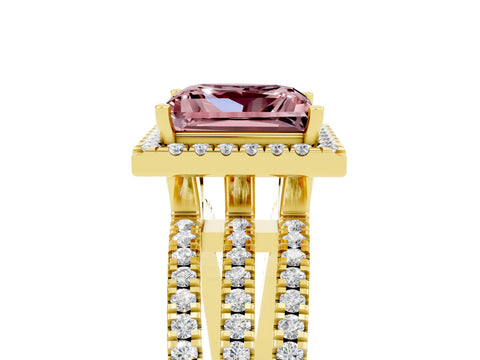 Yellow gold {shape_name} Morganite Halo Engagement Ring with Split Shank and Four-Prong Setting_5
