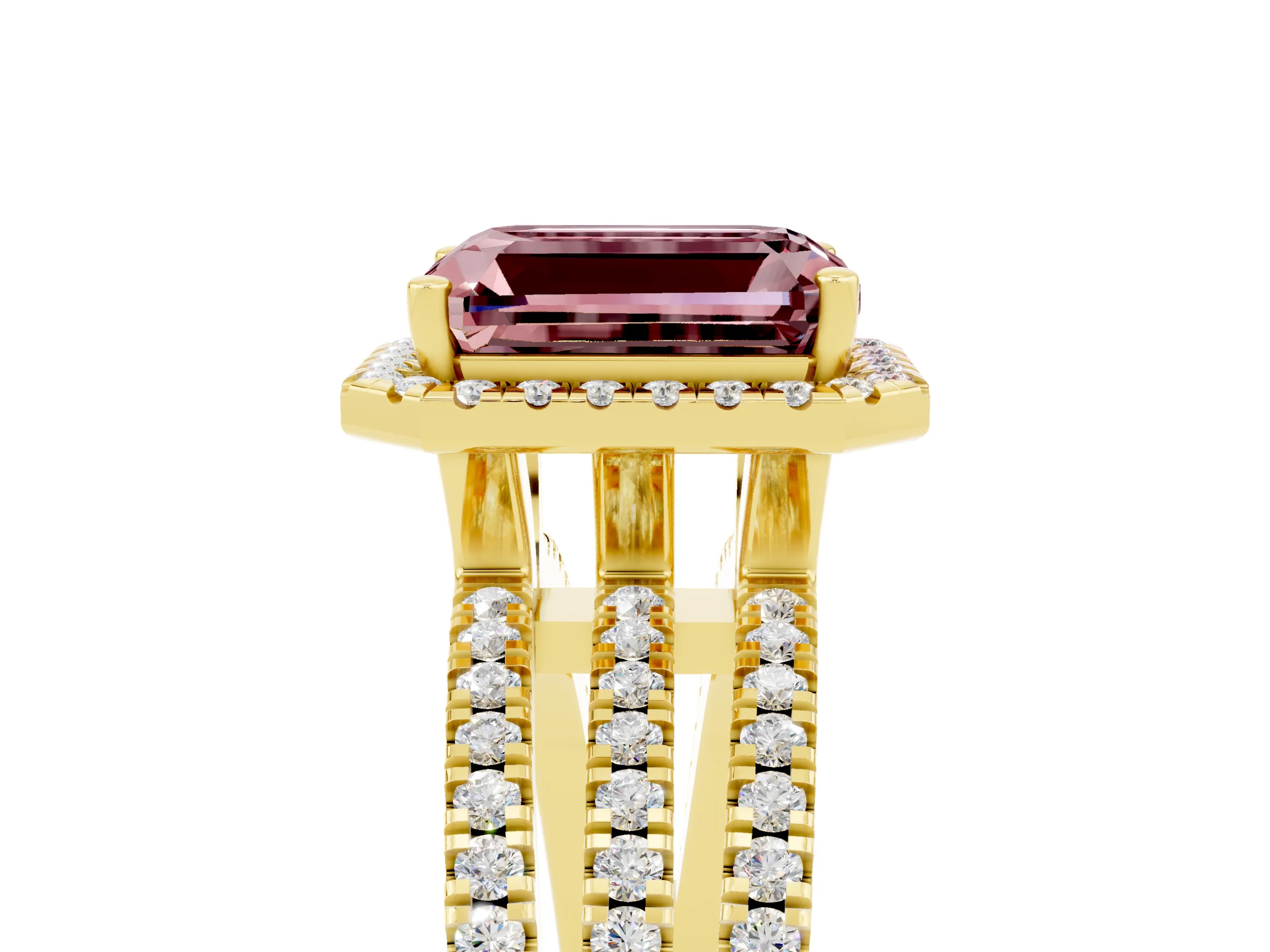 Yellow gold {shape_name} Morganite Halo Engagement Ring with Split Shank and Four-Prong Setting_5