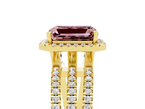 Yellow gold {shape_name} Morganite Halo Engagement Ring with Split Shank and Four-Prong Setting_5