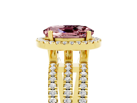 Yellow gold {shape_name} Morganite Halo Engagement Ring with Split Shank and Four-Prong Setting_5