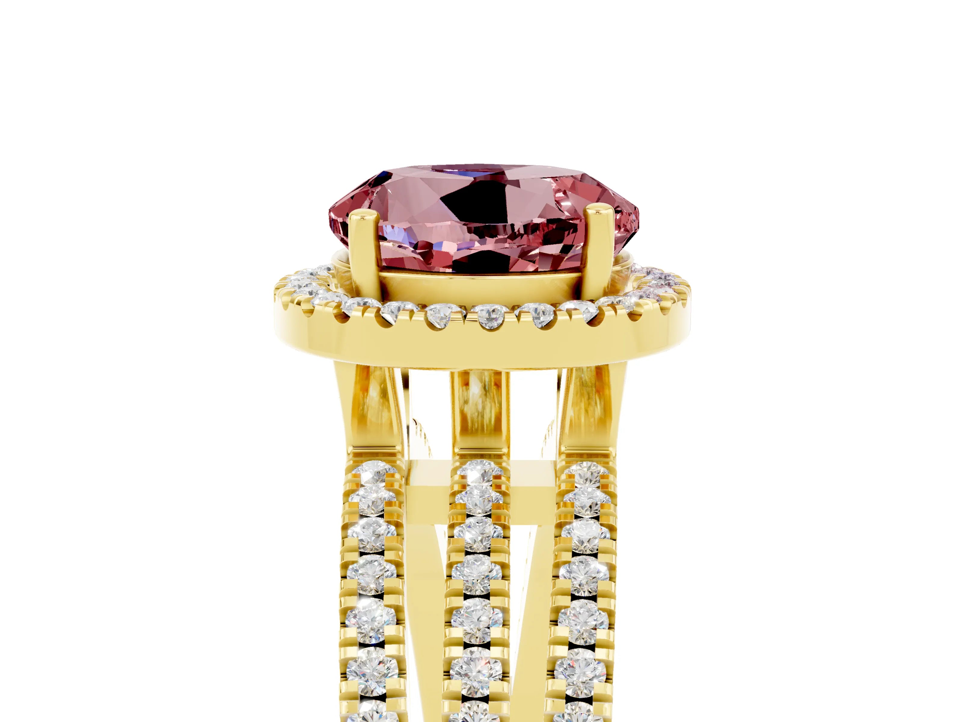 Yellow gold {shape_name} Morganite Halo Engagement Ring with Split Shank and Four-Prong Setting_5