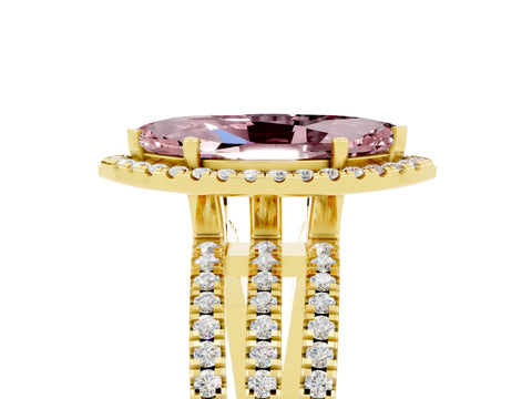 Yellow gold {shape_name} Morganite Halo Engagement Ring with Split Shank and Four-Prong Setting_5