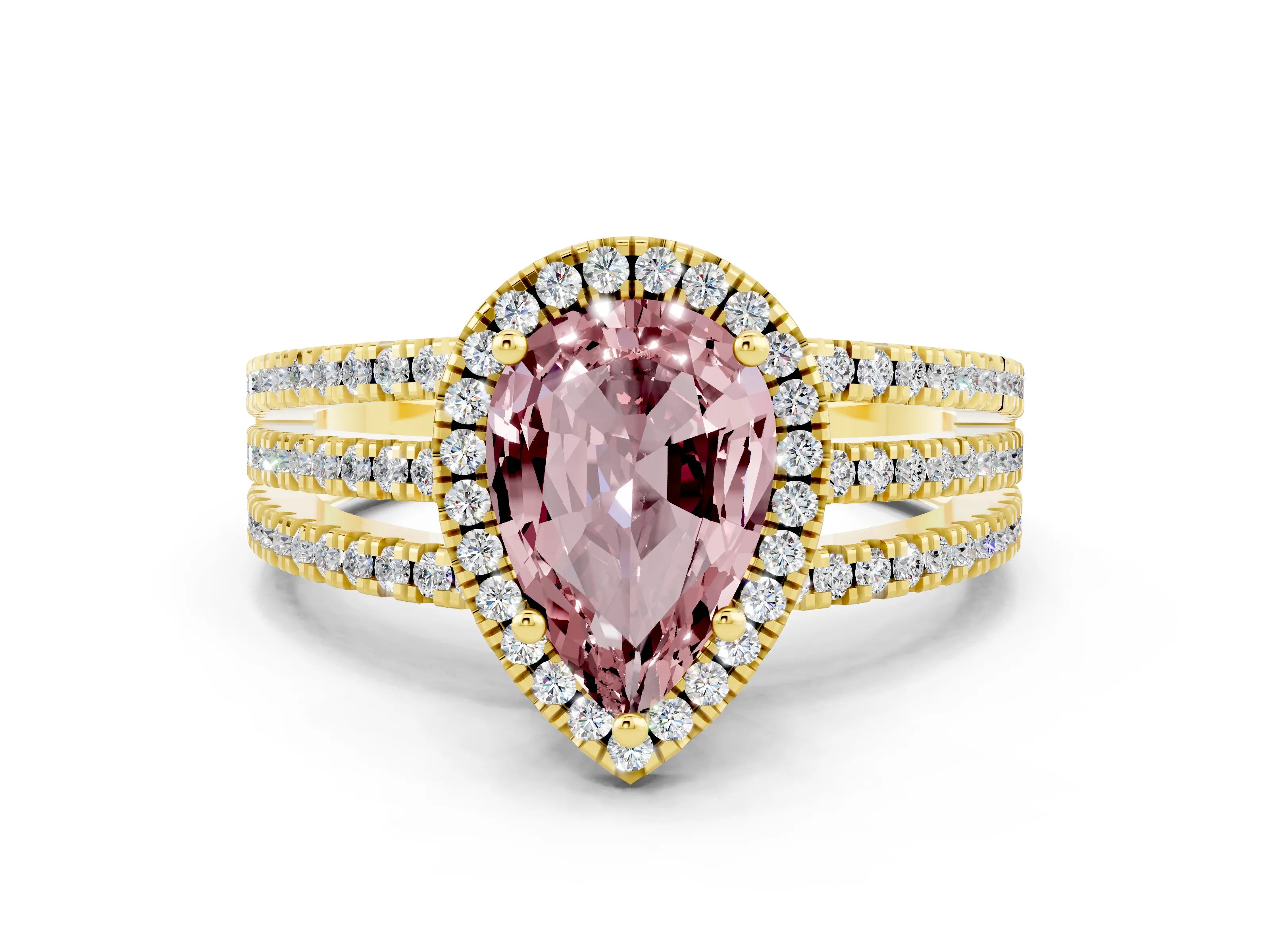 Yellow gold {shape_name} Morganite Halo Engagement Ring with Split Shank and Four-Prong Setting