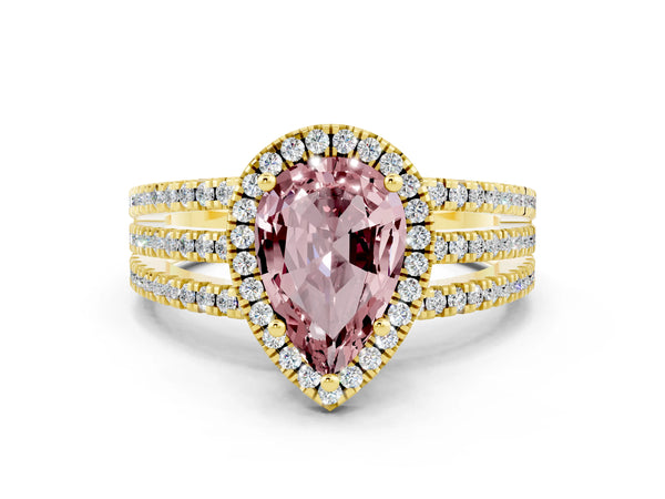 Yellow gold Pear Cut Morganite Halo Engagement Ring with Split Shank and Four-Prong Setting