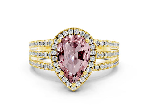 Yellow gold {shape_name} Morganite Halo Engagement Ring with Split Shank and Four-Prong Setting