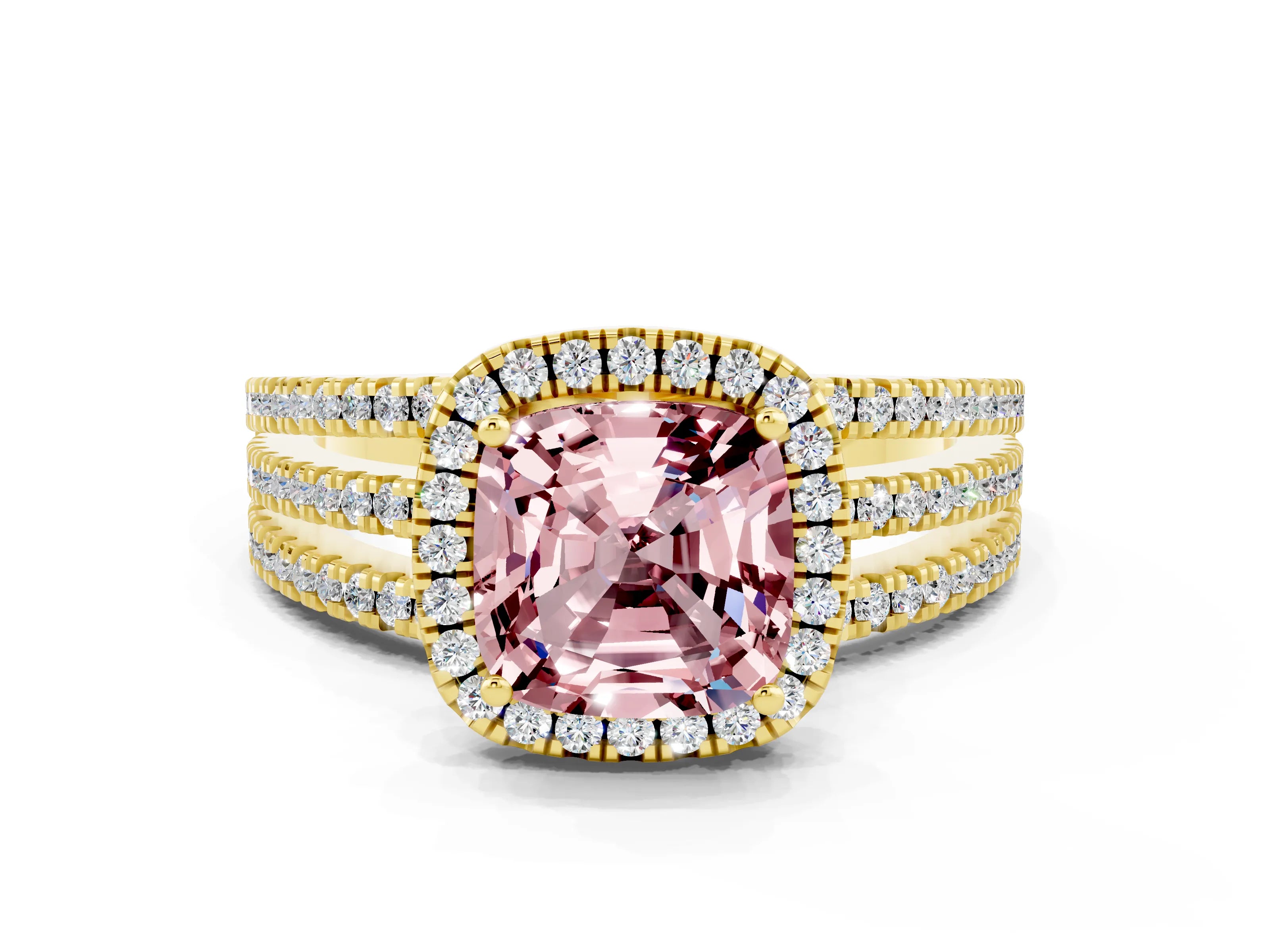 Yellow gold {shape_name} Morganite Halo Engagement Ring with Split Shank and Four-Prong Setting