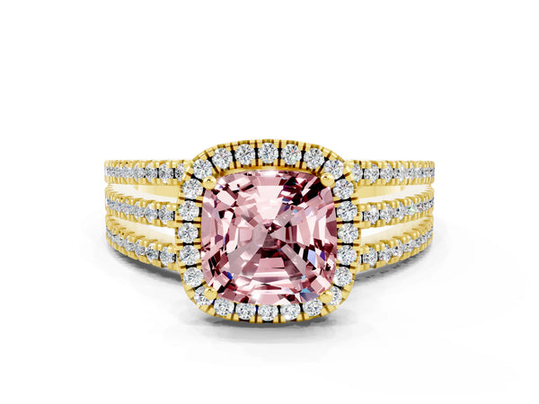 Yellow gold Cushion Cut Morganite Halo Engagement Ring with Split Shank and Four-Prong Setting