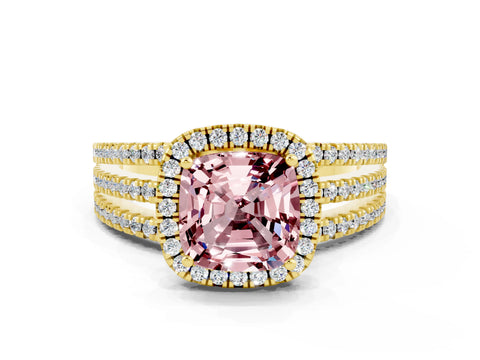 Yellow gold {shape_name} Morganite Halo Engagement Ring with Split Shank and Four-Prong Setting