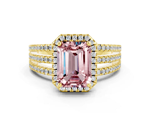 Yellow gold {shape_name} Morganite Halo Engagement Ring with Split Shank and Four-Prong Setting