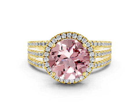 Yellow gold {shape_name} Morganite Halo Engagement Ring with Split Shank and Four-Prong Setting