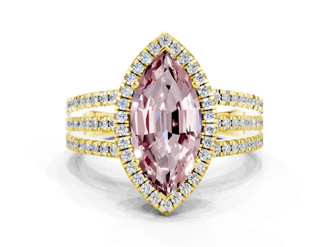 Yellow gold {shape_name} Morganite Halo Engagement Ring with Split Shank and Four-Prong Setting