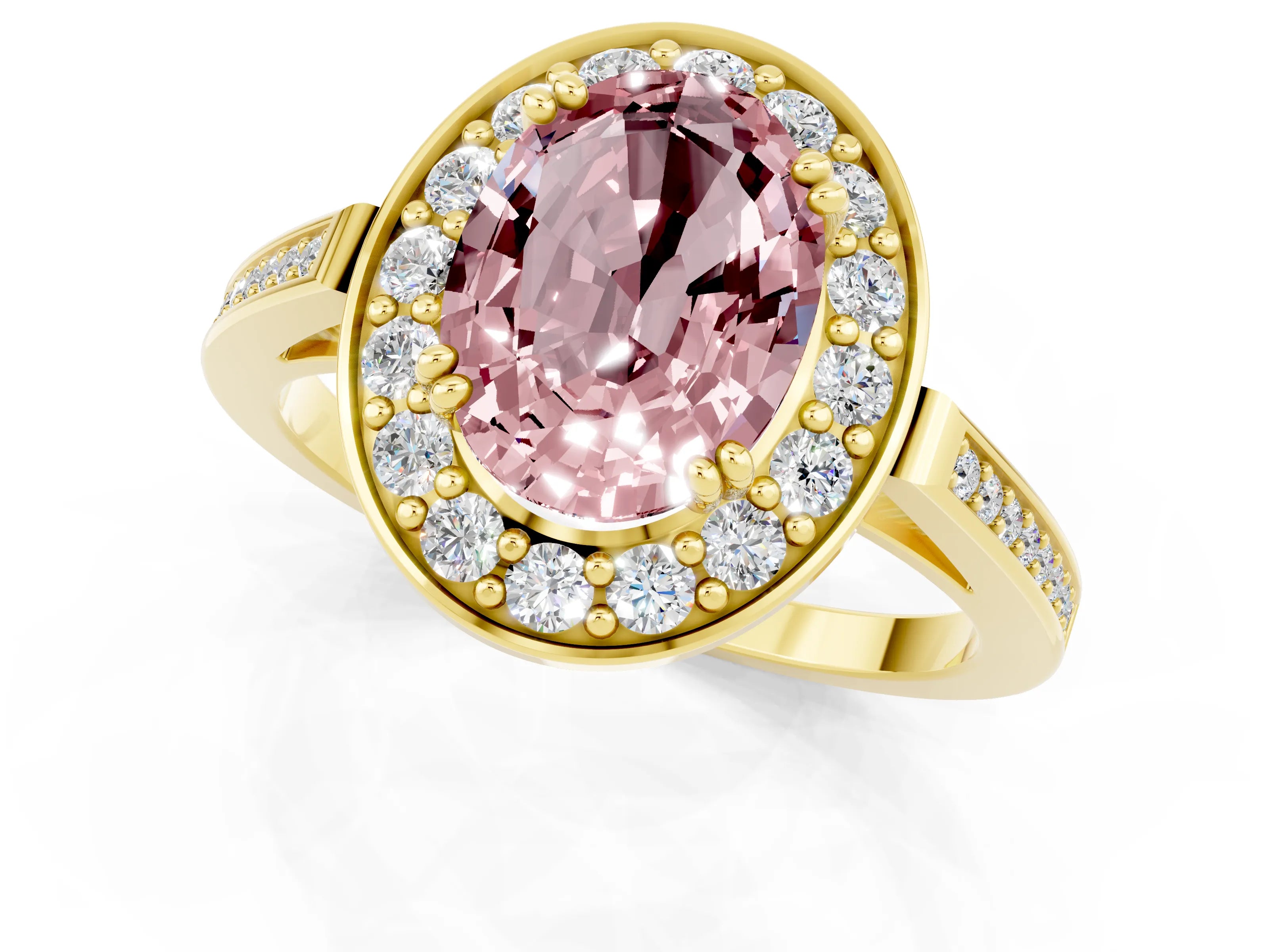 Yellow gold {shape_name} Morganite Halo Ring with Split Shank and Four-Prong Setting_1