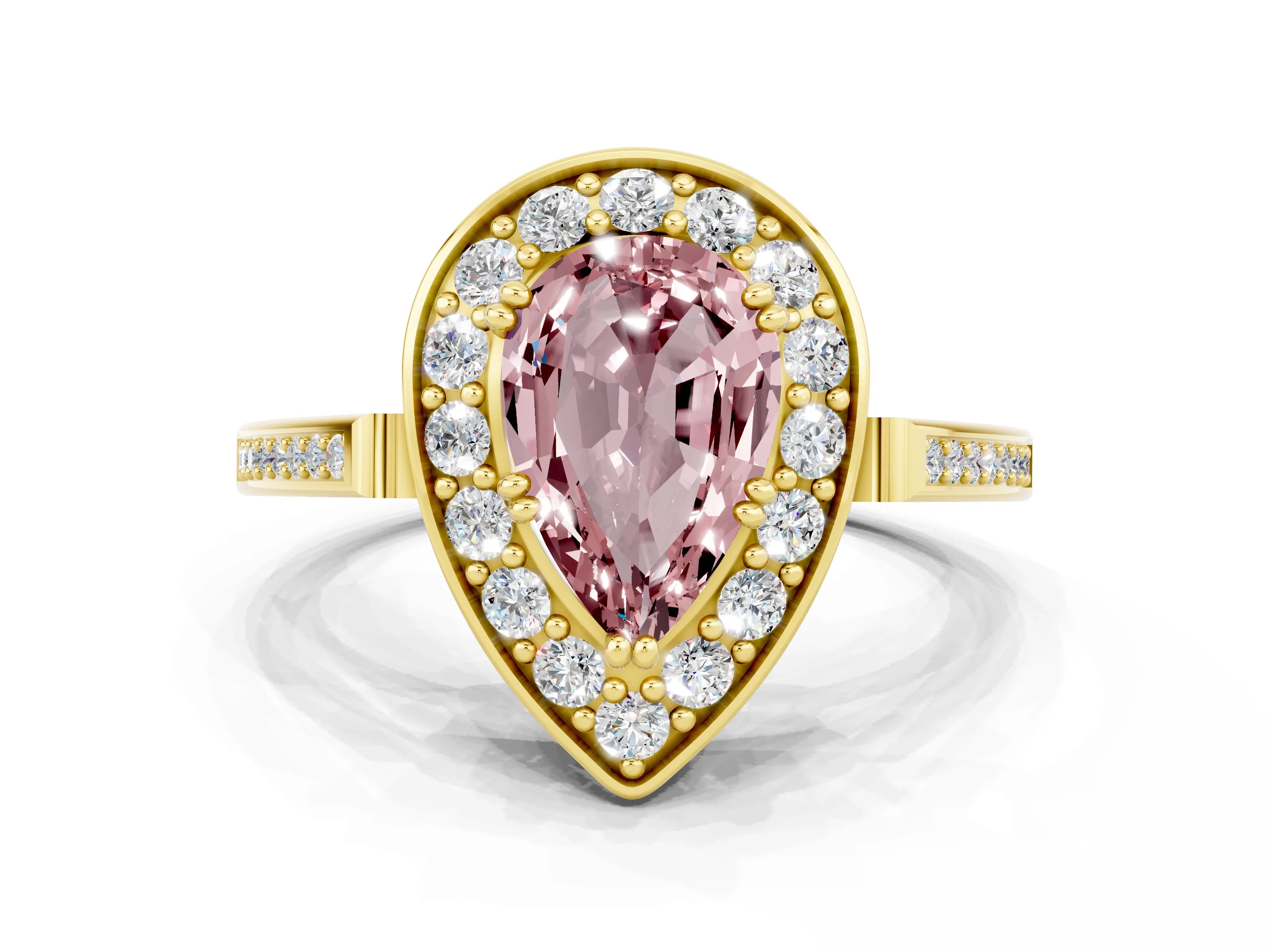 Yellow gold {shape_name} Morganite Halo Ring with Split Shank and Four-Prong Setting