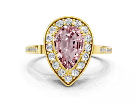 Yellow gold {shape_name} Morganite Halo Ring with Split Shank and Four-Prong Setting