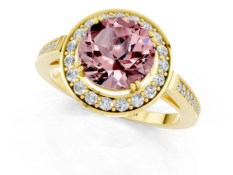 Yellow gold {shape_name} Morganite Halo Ring with Split Shank and Four-Prong Setting_1