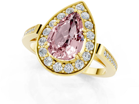 Yellow gold {shape_name} Morganite Halo Ring with Split Shank and Four-Prong Setting_1