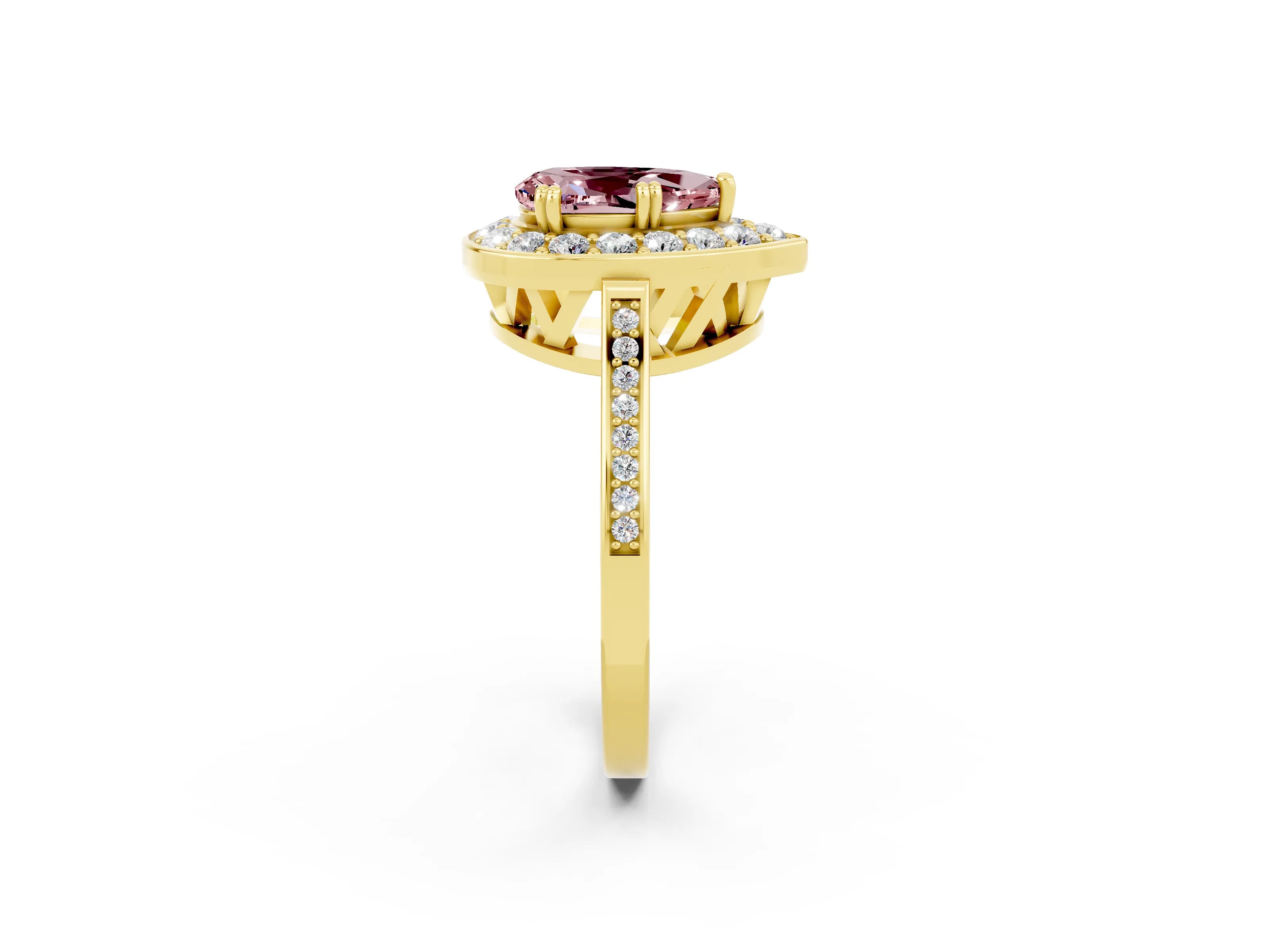 Yellow gold {shape_name} Morganite Halo Ring with Split Shank and Four-Prong Setting_2