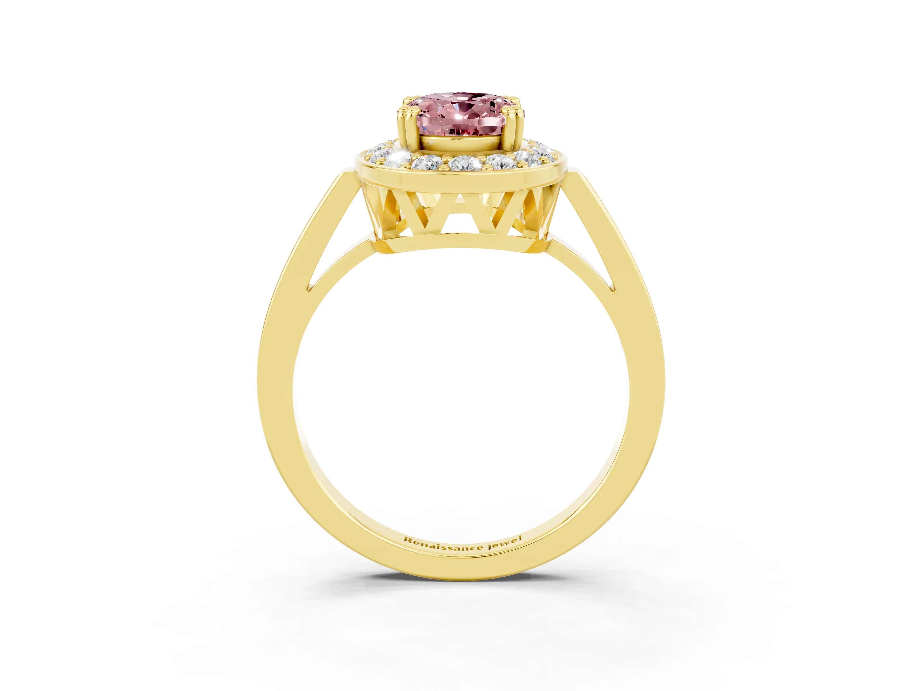 Yellow gold {shape_name} Morganite Halo Ring with Split Shank and Four-Prong Setting_3