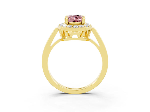 Yellow gold Oval Cut Morganite Halo Ring with Split Shank and Four-Prong Setting