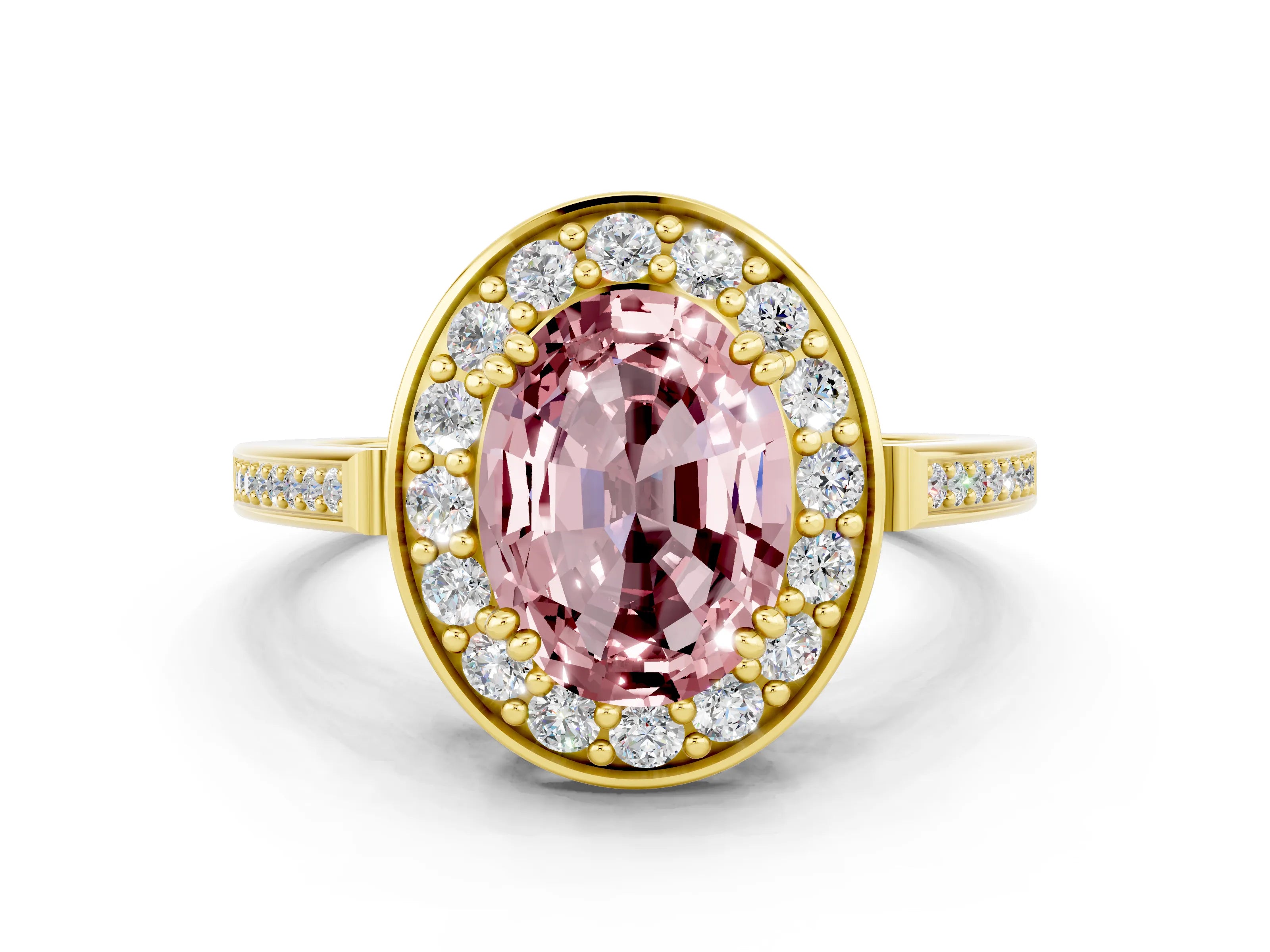 Yellow gold {shape_name} Morganite Halo Ring with Split Shank and Four-Prong Setting