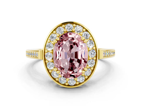 Yellow gold {shape_name} Morganite Halo Ring with Split Shank and Four-Prong Setting