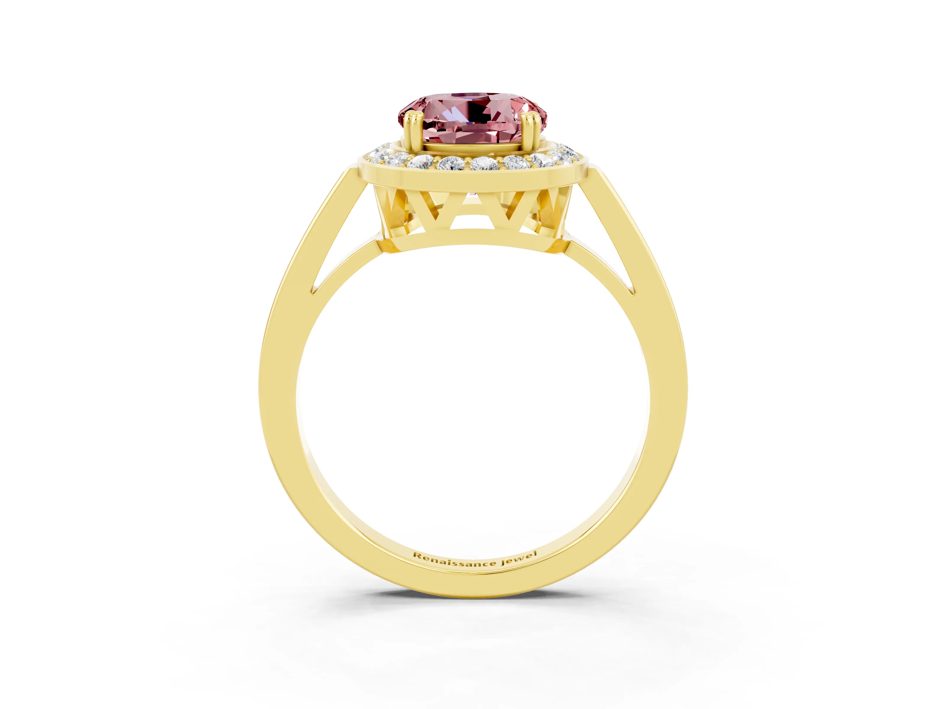 Yellow gold {shape_name} Morganite Halo Ring with Split Shank and Four-Prong Setting_3