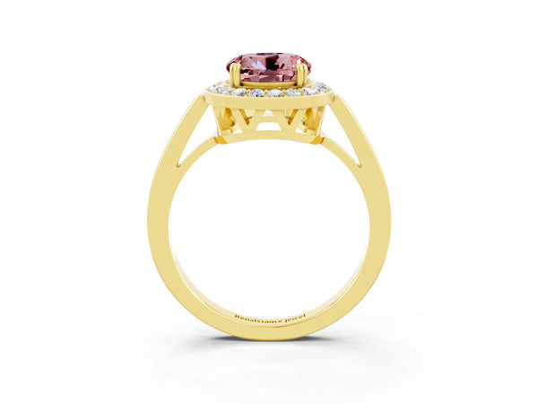 Yellow gold Round Cut Morganite Halo Ring with Split Shank and Four-Prong Setting