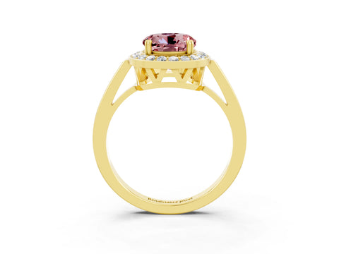 Yellow gold {shape_name} Morganite Halo Ring with Split Shank and Four-Prong Setting_3