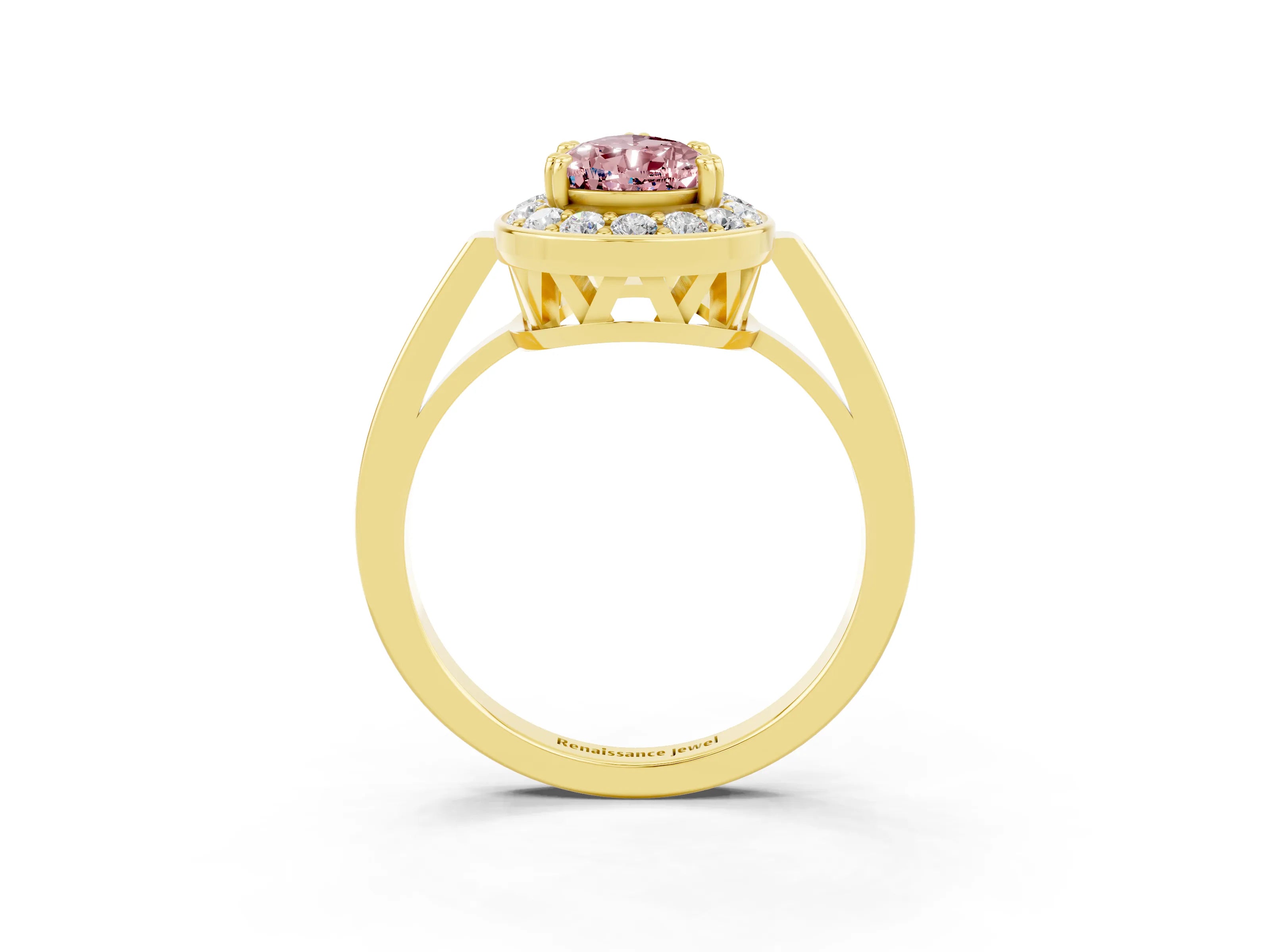 Yellow gold {shape_name} Morganite Halo Ring with Split Shank and Four-Prong Setting_3