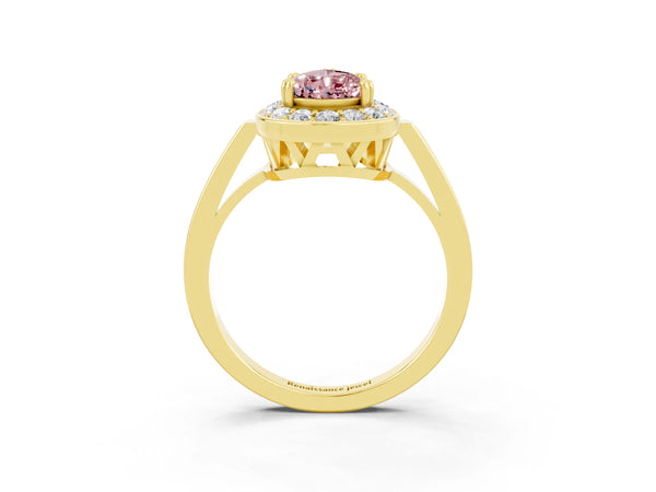 Yellow gold Pear Cut Morganite Halo Ring with Split Shank and Four-Prong Setting