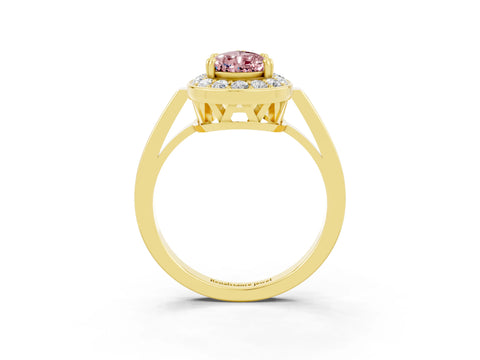 Yellow gold {shape_name} Morganite Halo Ring with Split Shank and Four-Prong Setting_3