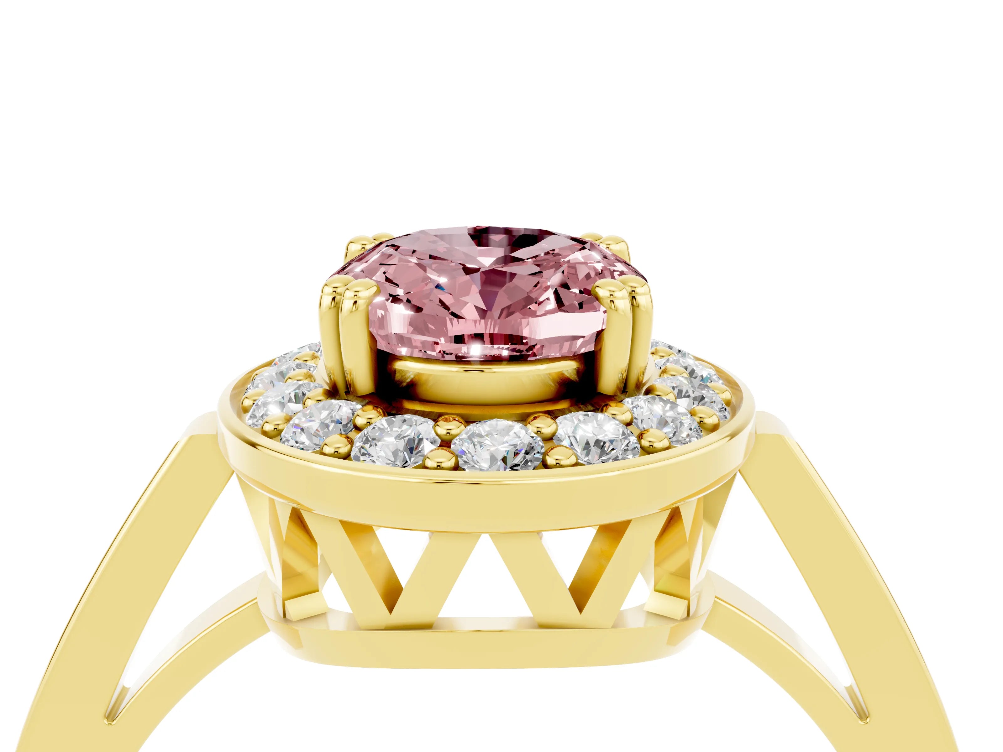 Yellow gold {shape_name} Morganite Halo Ring with Split Shank and Four-Prong Setting_4